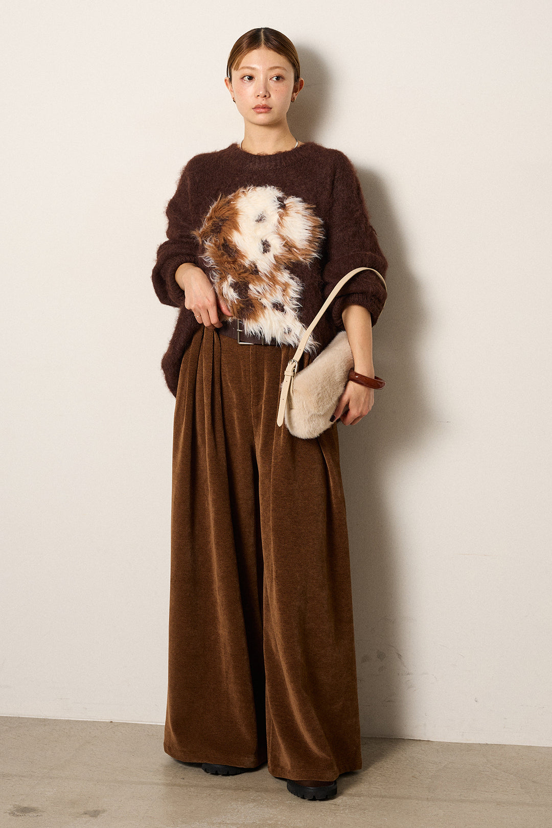 [SET]シャギーニュアンスアニマルニット+ベルトループコーデュロイワイドパンツ(2set)