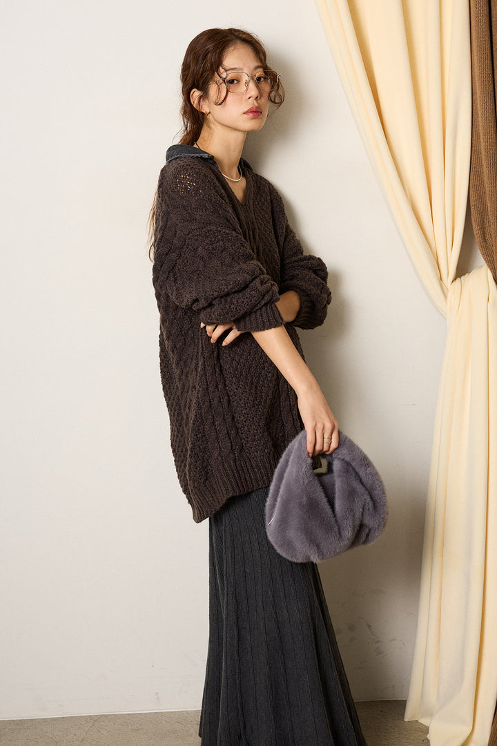 [SET]デニムカラーケーブルオーバーニット+編み地切り替えフレアニットスカート(2set)