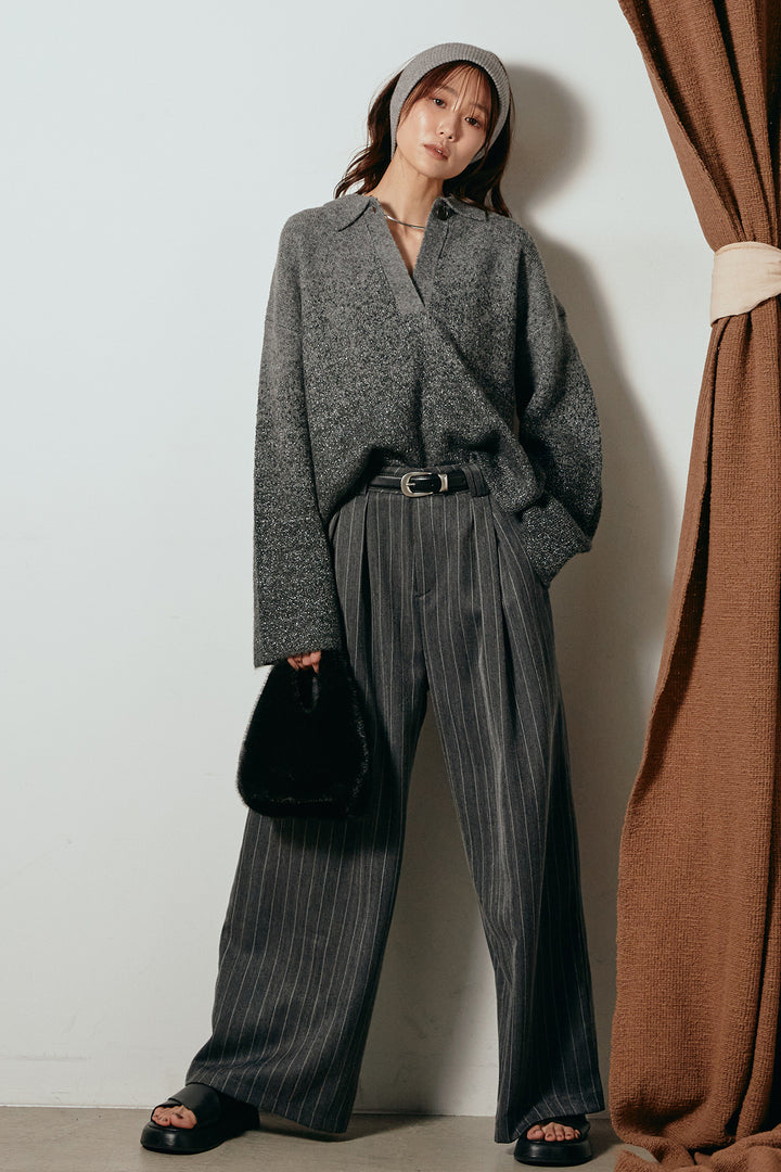 [SET]グラデーションラメニットキーネックプルオーバー+ストライプヘリンボーンパンツ(2set)