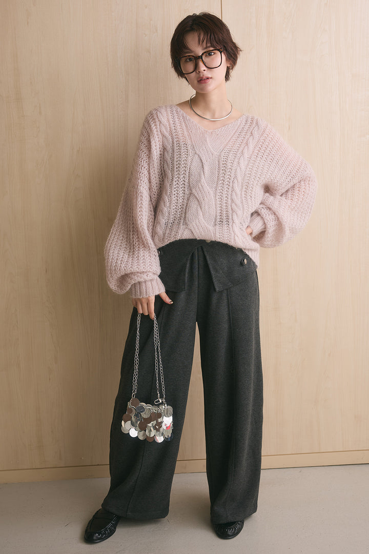 [SET]シアーモヘアケーブルVニックニット+ナポレオンデザインラップカーブパンツ(2set)
