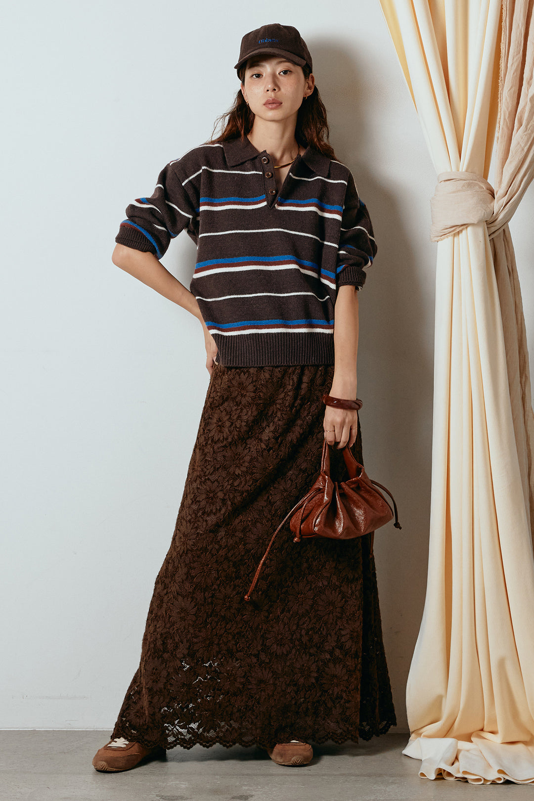 [SET]襟付きマルチボーダーニットポロトップス+花柄刺繍ベロアフレアスカート(2set)