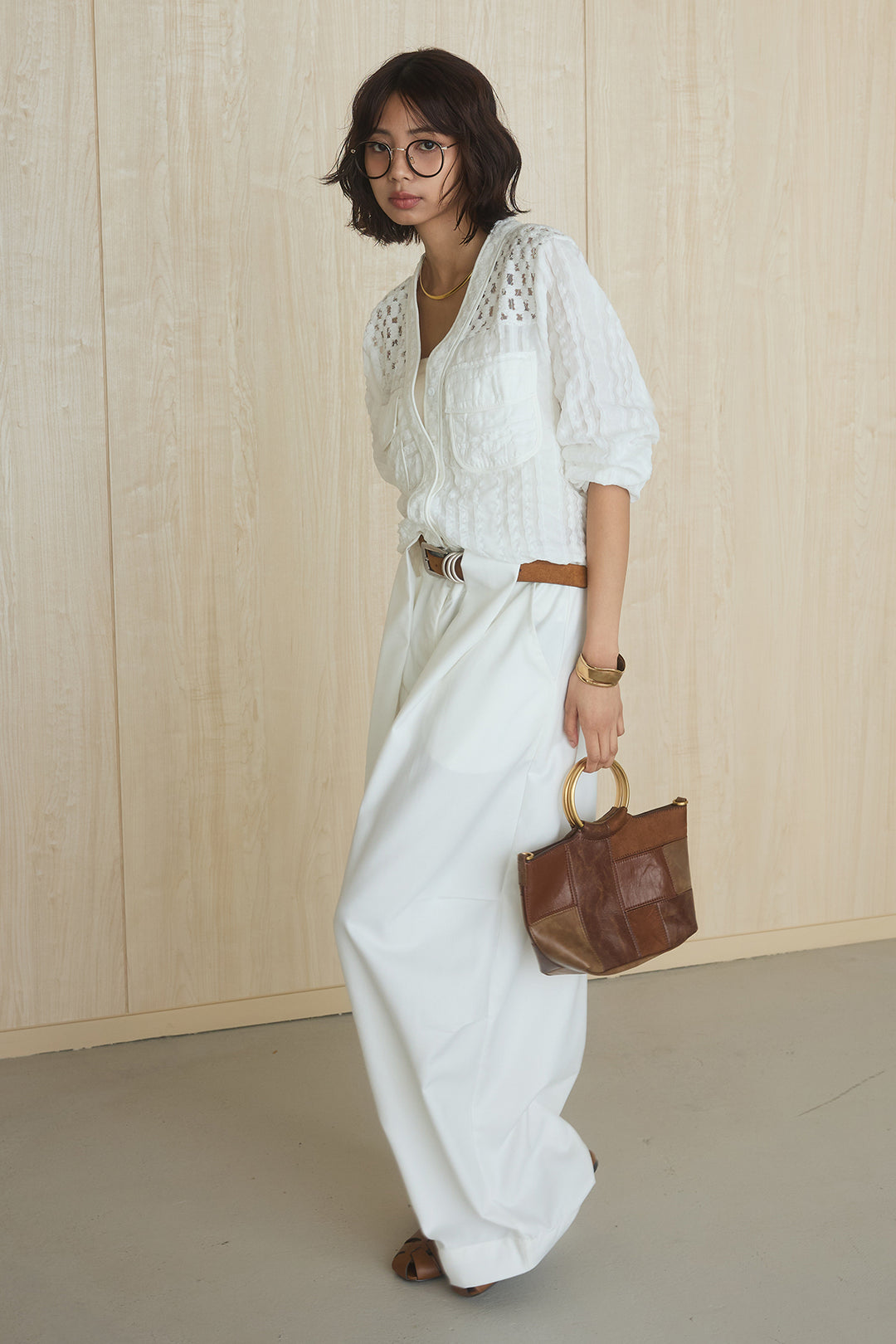 [SET]異素材切替シアーメッシュカーディガン+ベルトループワイドパンツ(2set)