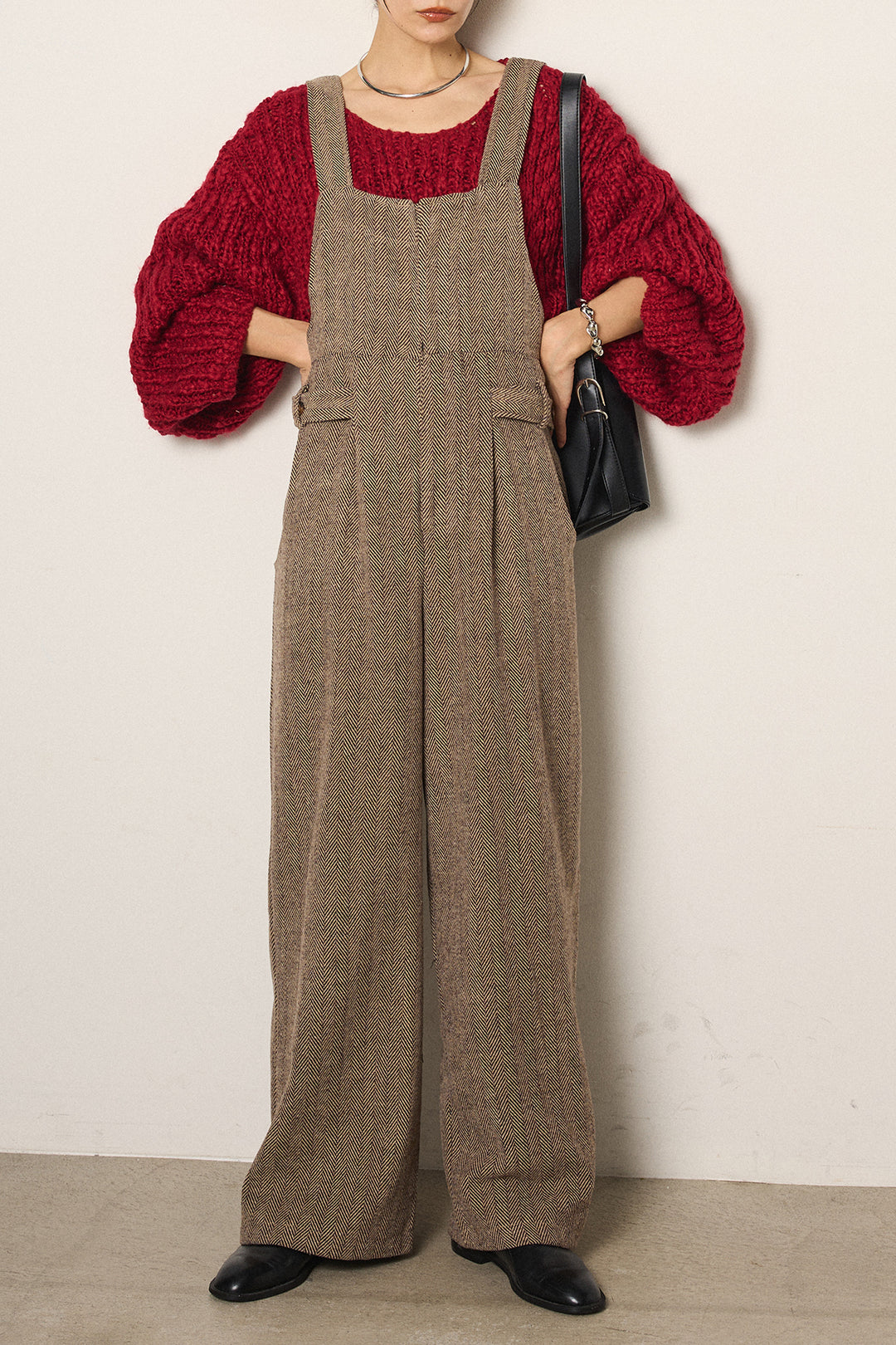 [SET]チャンキースラブニットクロップドプルオーバー+クラシックヘリンボーンサロペット(2set)