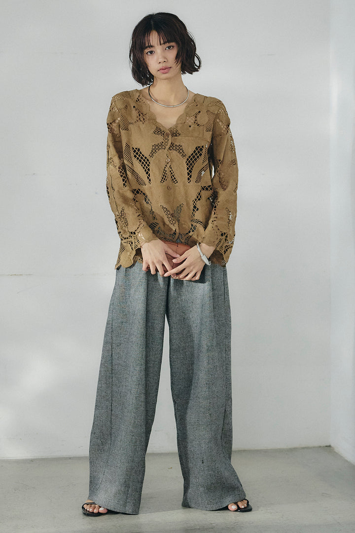 [SET]フラワー刺繍レースブラウス+サイドボタンツイードタックパンツ(2set)