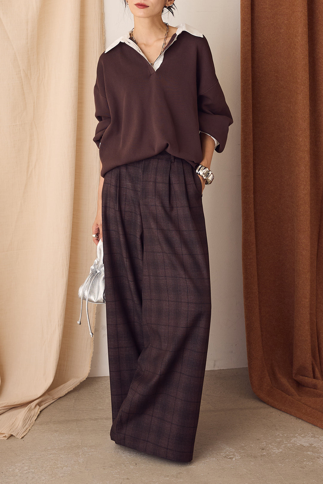 【即納】タック入りタータンチェックワイドパンツ