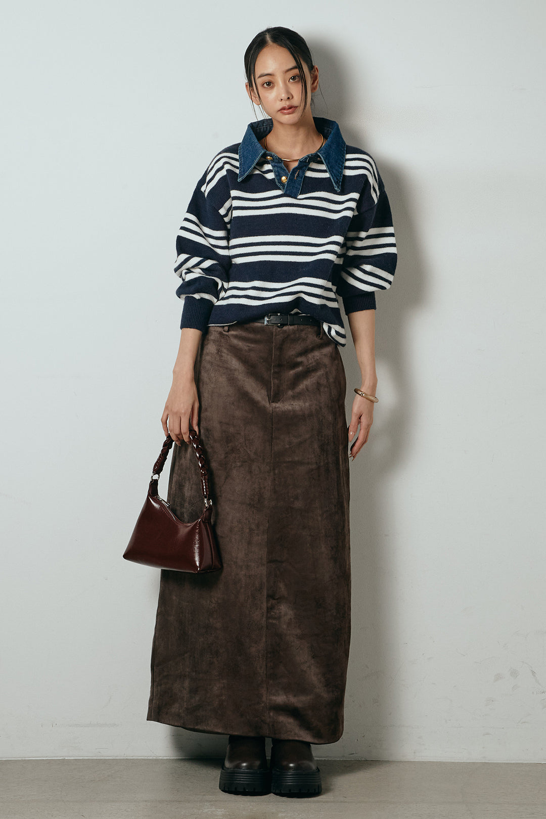 [SET]デニムレイヤード風ランダムボーダーニットプルオーバー+エコスウェードワイドスカート(2set)