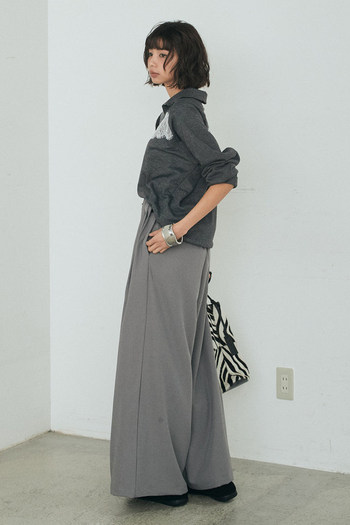 [SET]リバーレースハーフジップ裏毛スウェット+ベルト付きタックデザインハイウエストロングパンツ(2set)