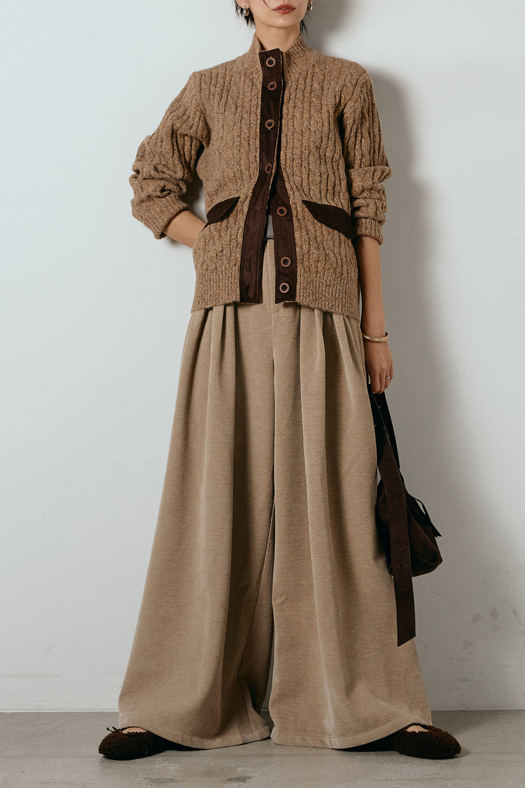 [SET]ボトルネックケーブルニットカーディガン+ベルトループコーデュロイワイドパンツ(2set)