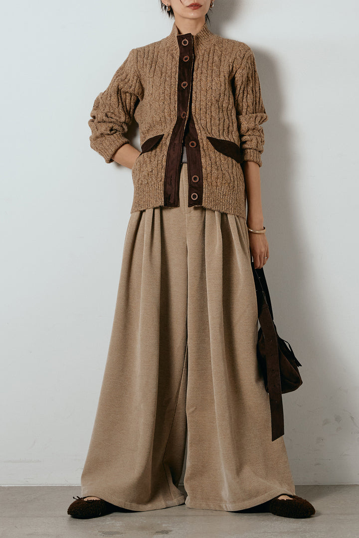[SET]ボトルネックケーブルニットカーディガン+ベルトループコーデュロイワイドパンツ(2set)