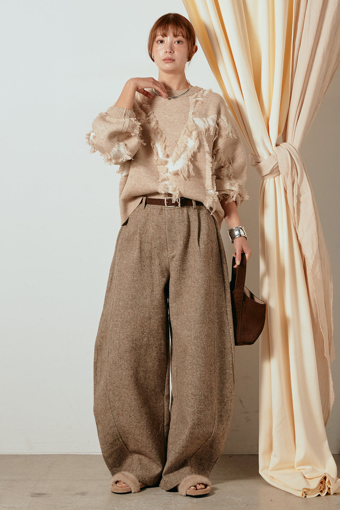 [SET]シャギージャガードニットトップス+ベルト付きネップツイードカーブパンツ(2set)