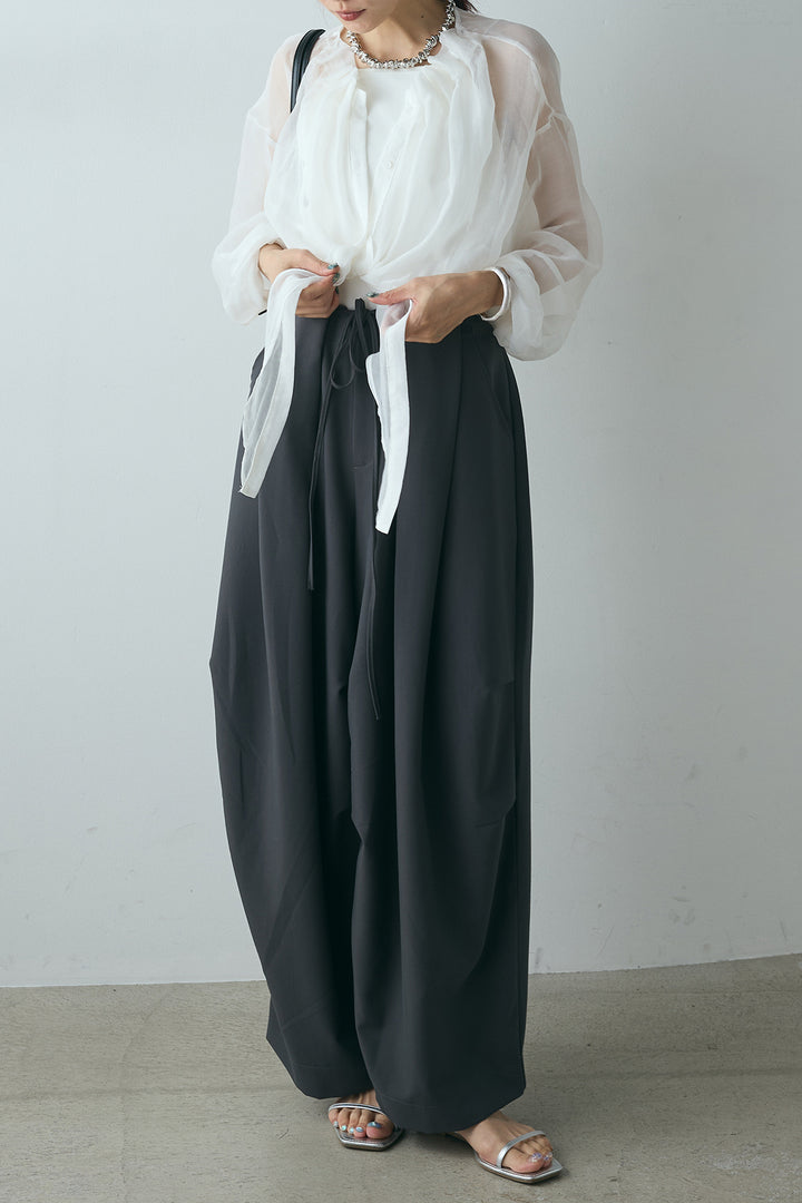 [SET]ギャザーネックウエスト巻きシアーシャツ+ランダムタック入りワイドパンツ(2set)