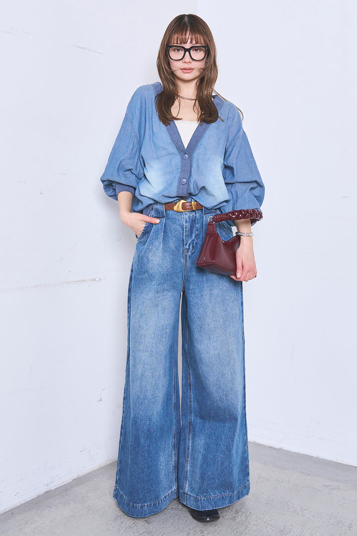 [SET]シアーデニムカーディガン+ベルトループワイドタックデニムパンツ(2set)