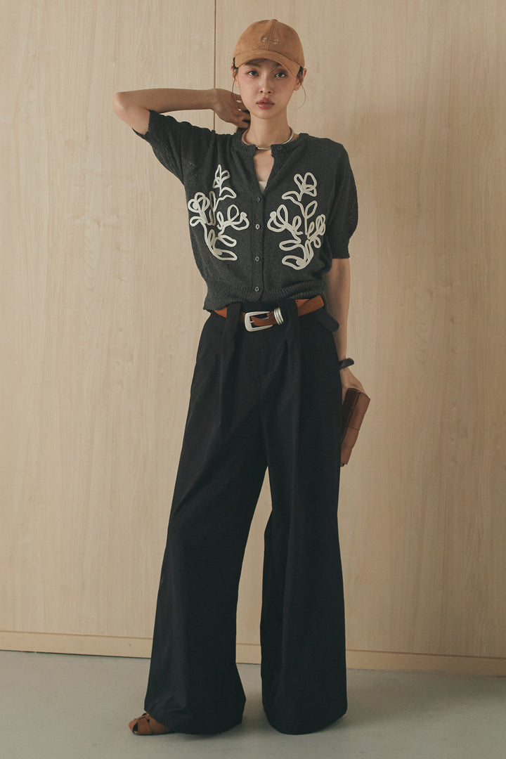 [SET]フロントテープデザイン半袖カーディガン+ベルトループデザインハイウエストタックパンツ(2set)