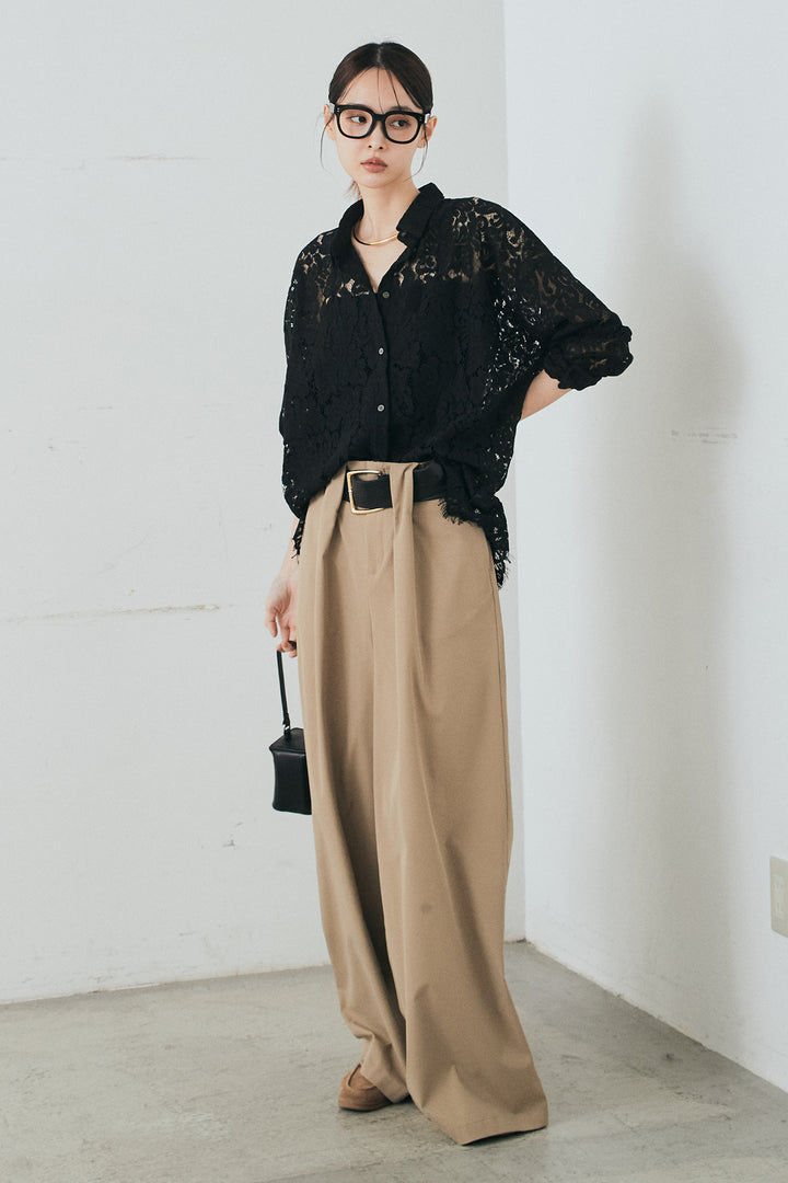 [SET]レース裾スカラップシャツ+ベルトループデザインハイウエストタックパンツ(2set)