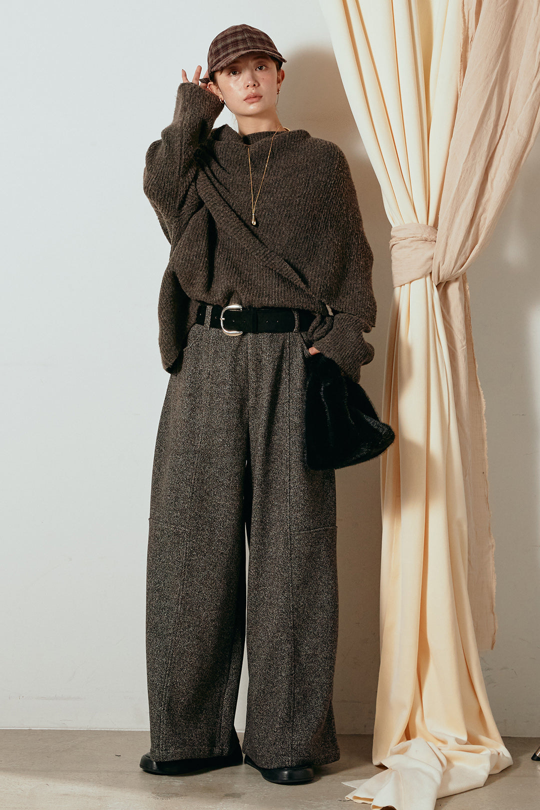 [SET]ケープデザインリブニットトップス+太ベルト付きツイードワイドパンツ(2set)