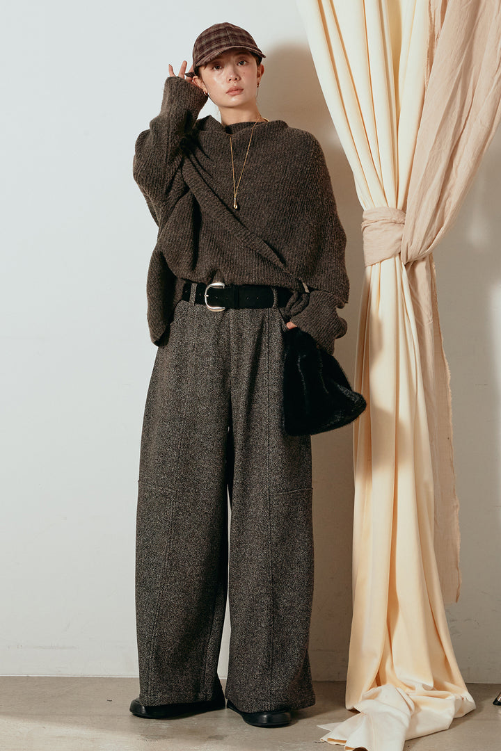[SET]ケープデザインリブニットトップス+太ベルト付きツイードワイドパンツ(2set)