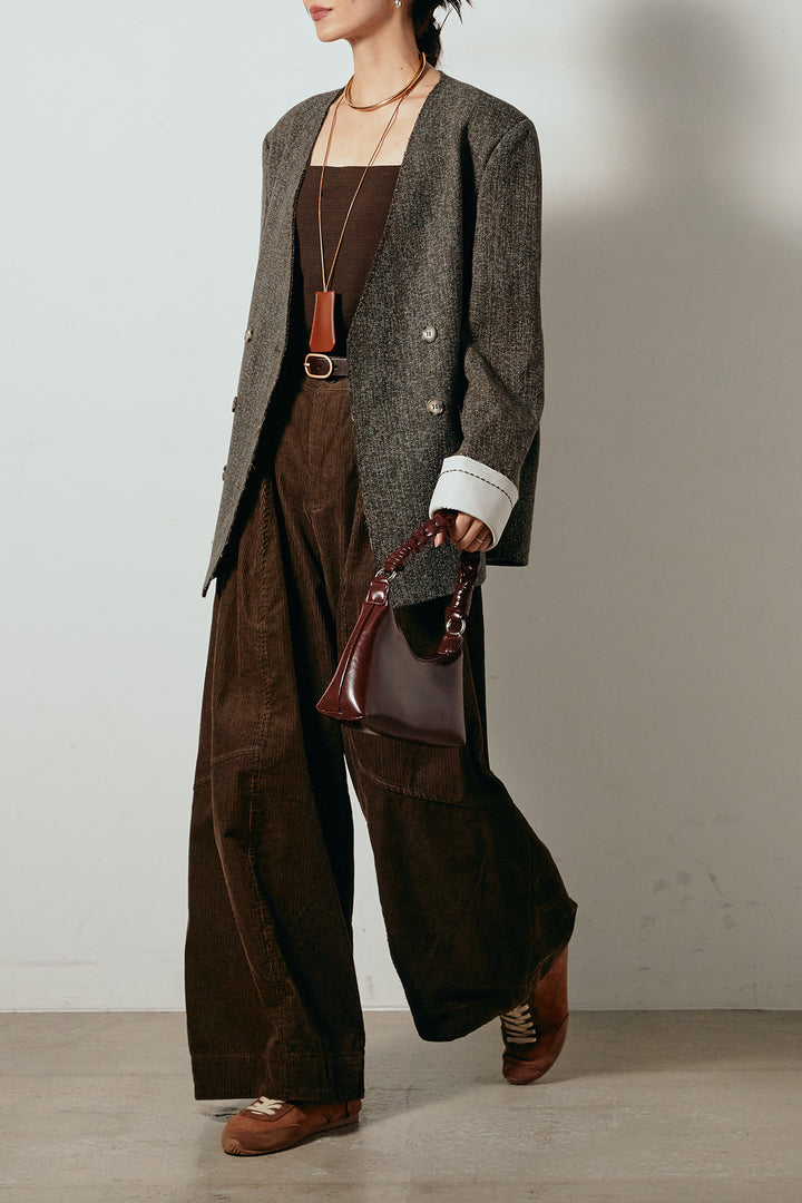 [SET]ノーカラーダブルボタンツイードジャケット+タック入りコーデュロイワイドパンツ(2set)