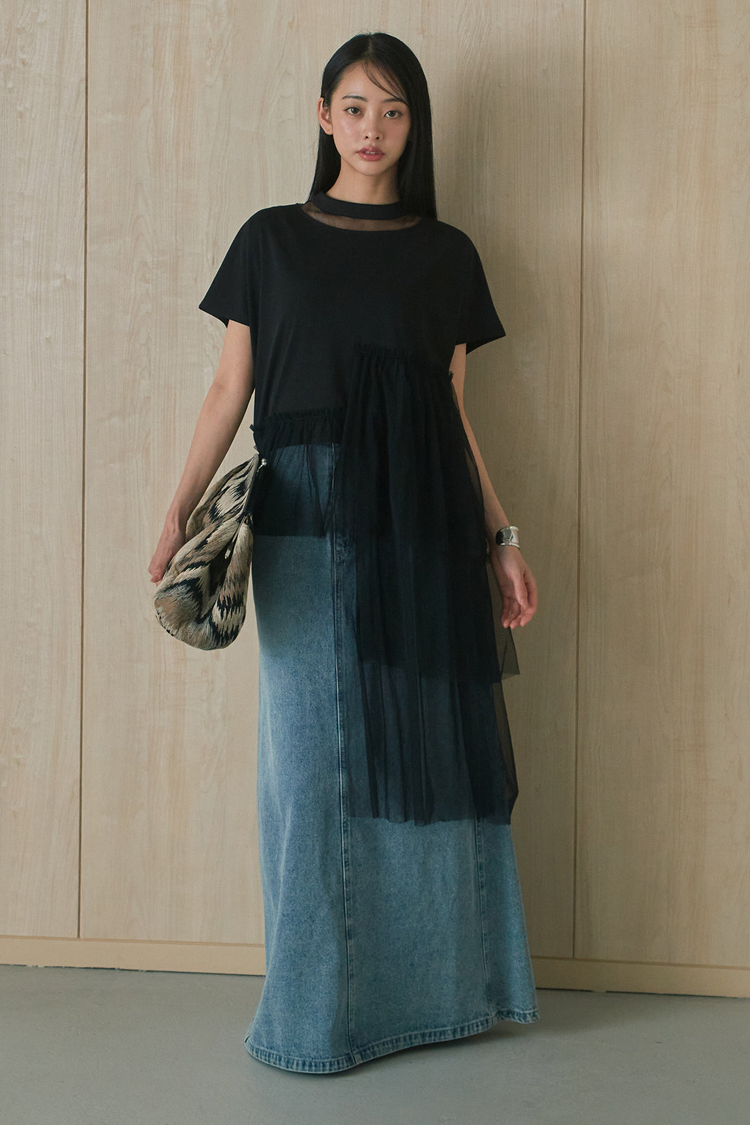[SET]アシンメトリーチュールフリルTシャツ+デニムロングフレアスカート(2set)