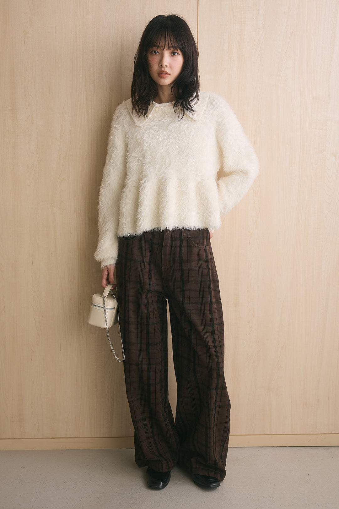 [SET]シャギーニットペプラムプルオーバー+ワイドチェックパンツ(2set)