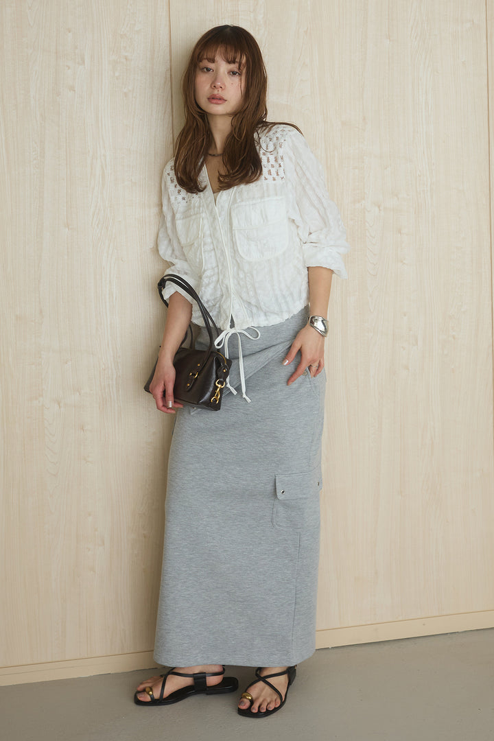 [SET]異素材切替シアーメッシュカーディガン+ドットボタン付きカットタイトスカート(2set)