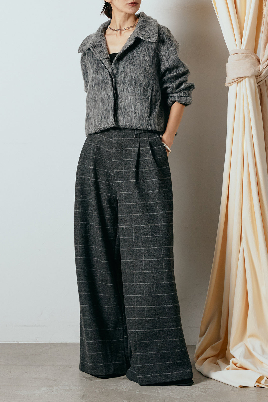 [SET]シャギーショートジャケット+スクエアチェック柄ワイドパンツ(2set)
