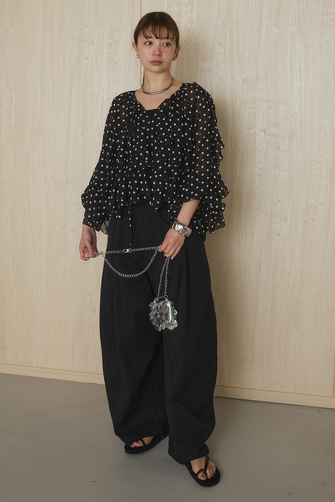 [SET]ドットフリル長袖ブラウス+コットンポリツータックセンターシームカーブパンツ(2set)