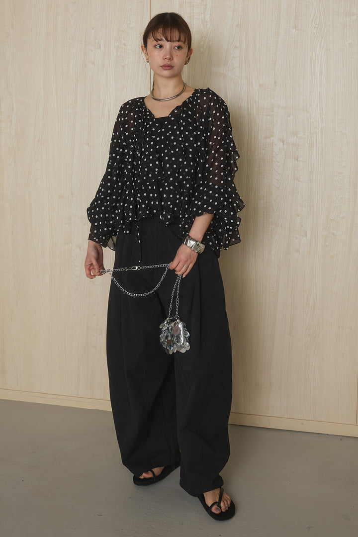 [SET]ドットフリル長袖ブラウス+コットンポリツータックセンターシームカーブパンツ(2set)