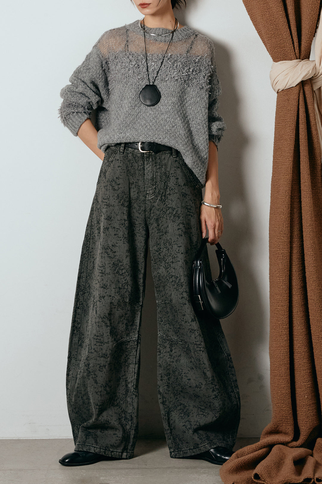 [SET]パターンランダム編みニットトップス+ベルト付きニュアンス柄カーブワイドパンツ(2set)