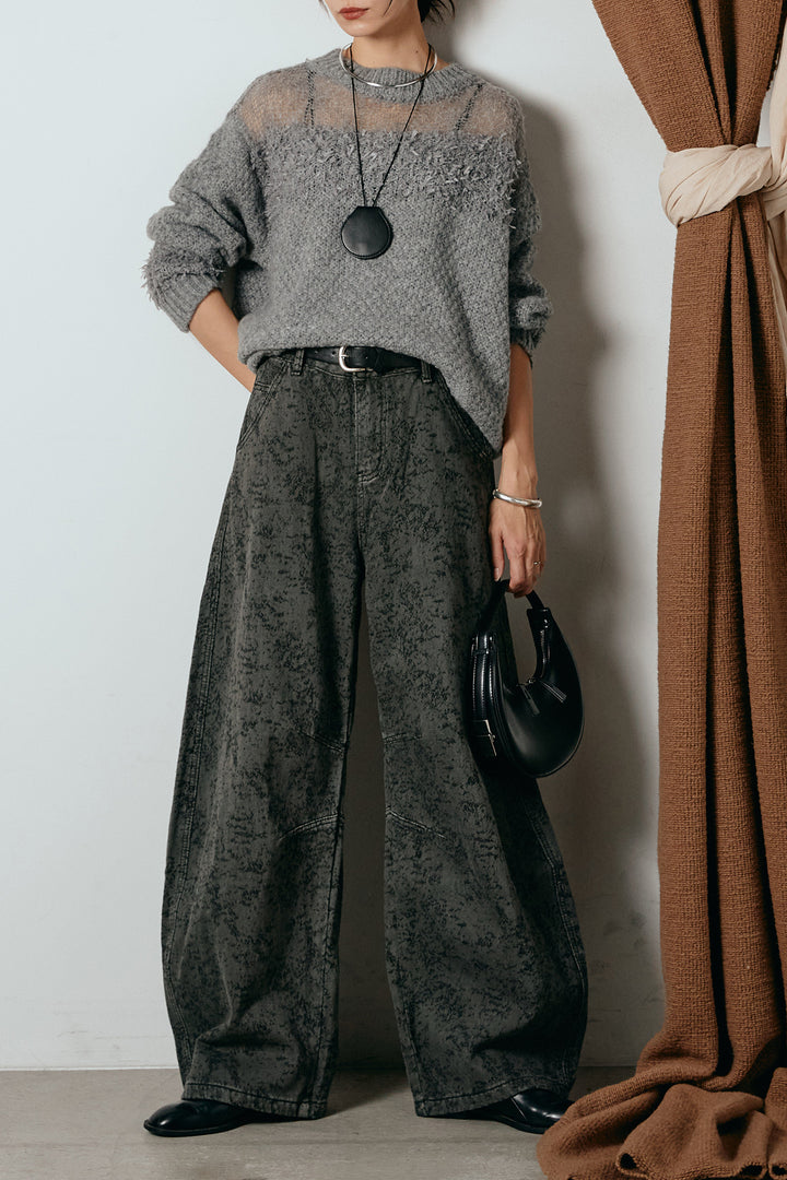 [SET]パターンランダム編みニットトップス+ベルト付きニュアンス柄カーブワイドパンツ(2set)