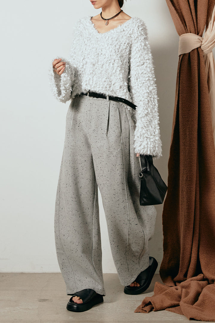 [SET]深Vネックチョウチョヤーンニットトップス+ベルト付きネップツイードカーブパンツ(2set)