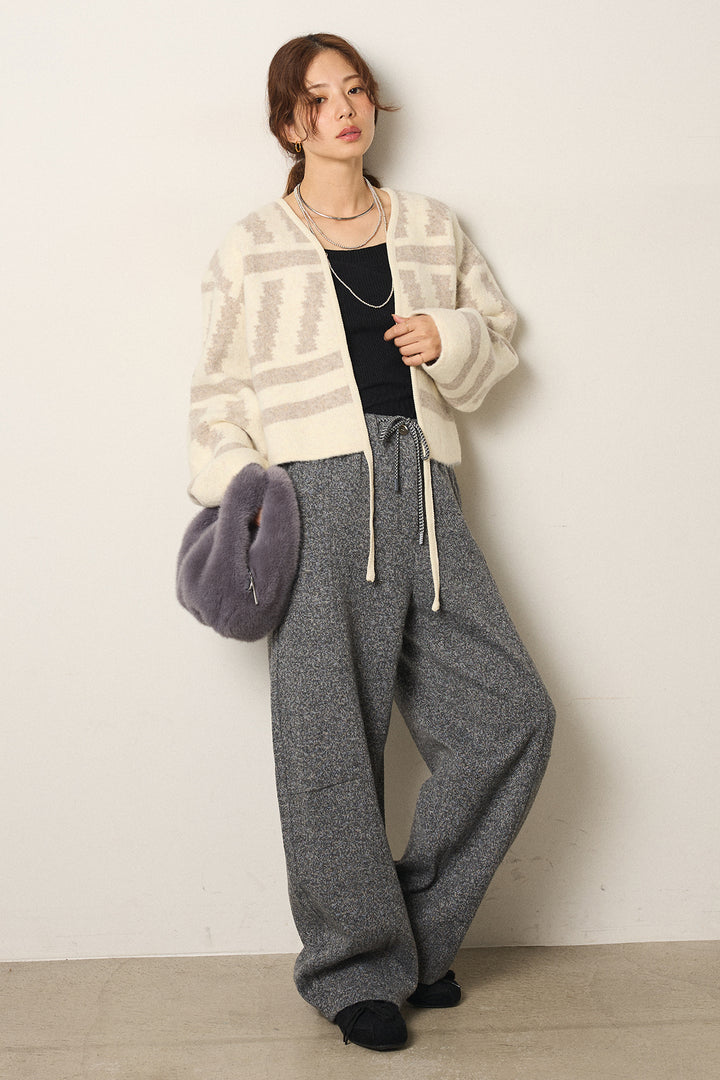 [SET]幾何学柄ノーカラーカーディガン+杢ニットフレアパンツ(2set)