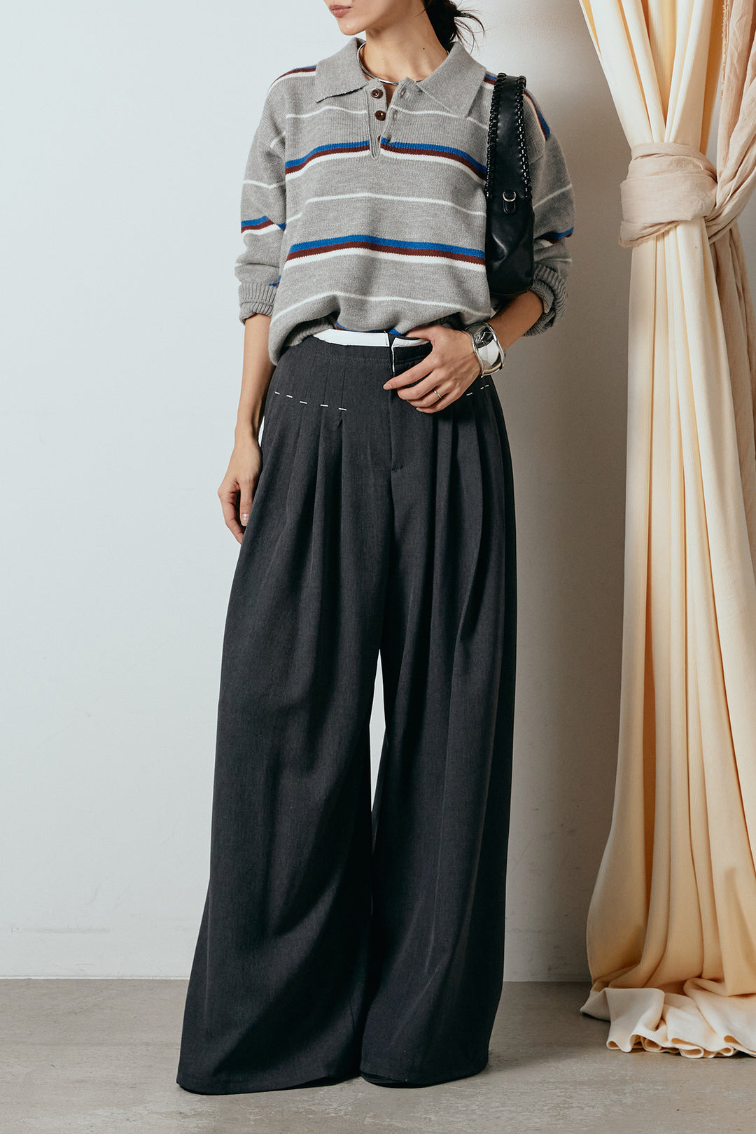 [SET]襟付きマルチボーダーニットポロトップス+ウエストステッチデザインワイドスラックス(2set)