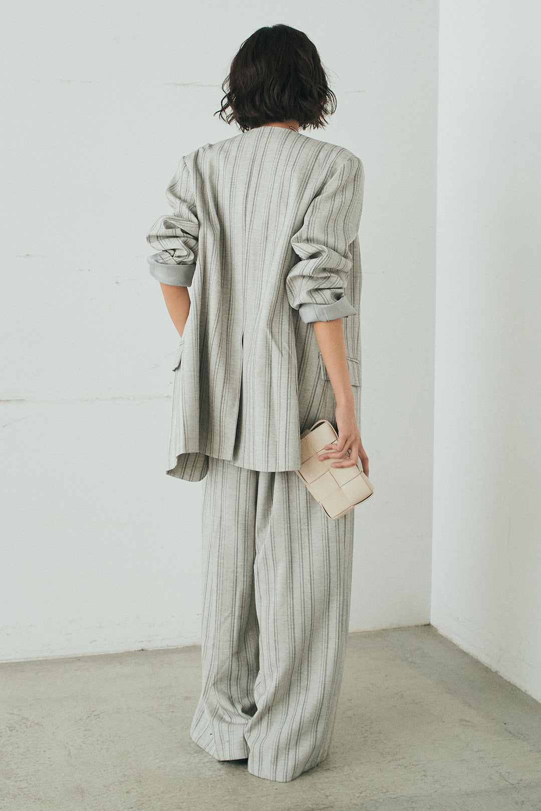 [SET]ノーカラーピンストライプジャケット+ピンストライプワイドスラックス(2set)