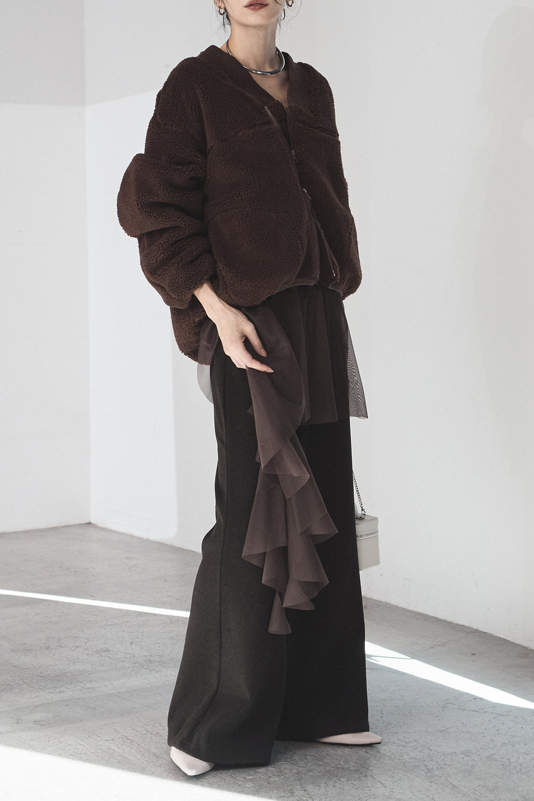 [SET]ノーカラーリブボアアウター+チュールレイヤードニットパンツ(2set)