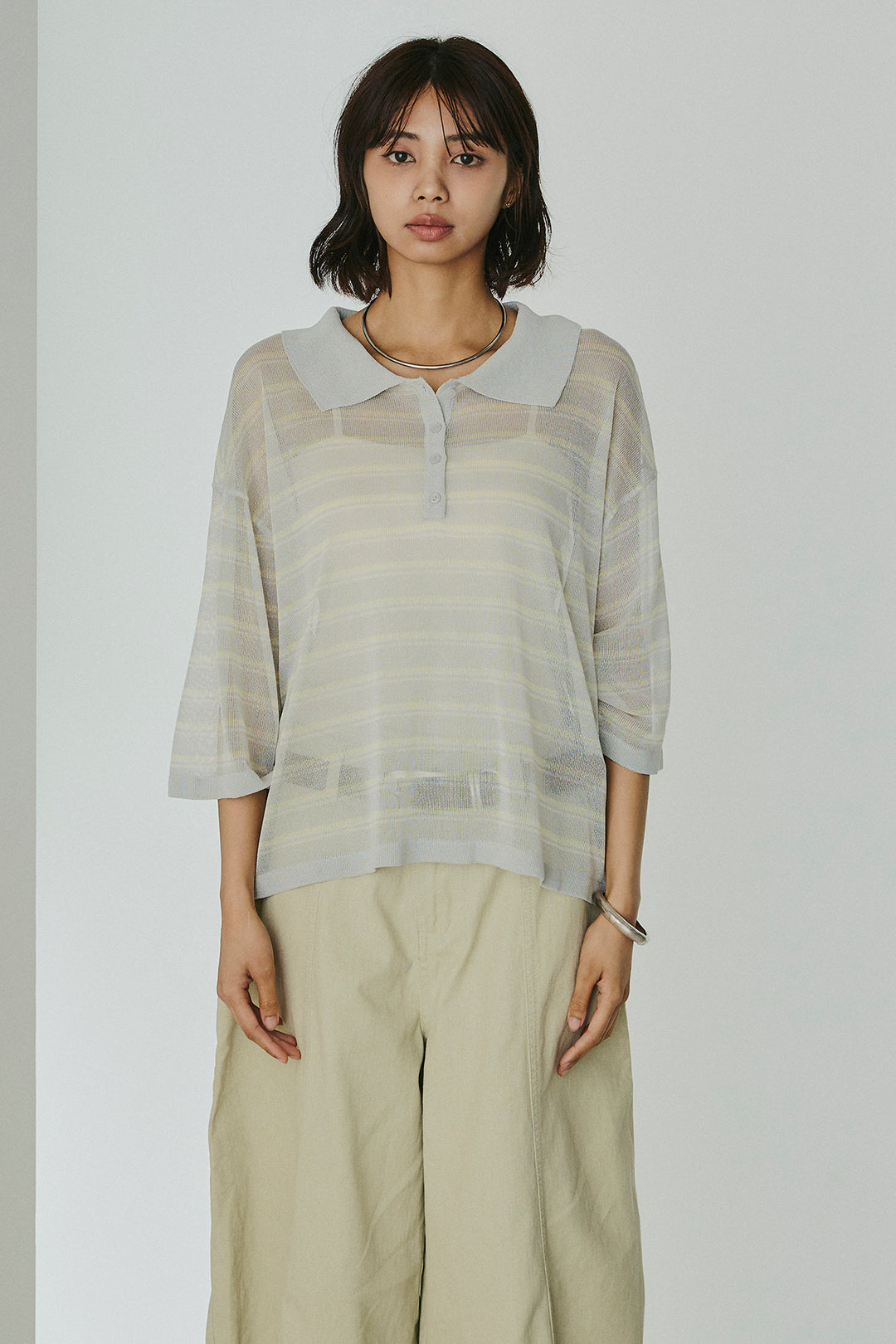 [SET]ボーダーニットポロシャツ+ニーサイドタックウエストドロスパンツ(2set)