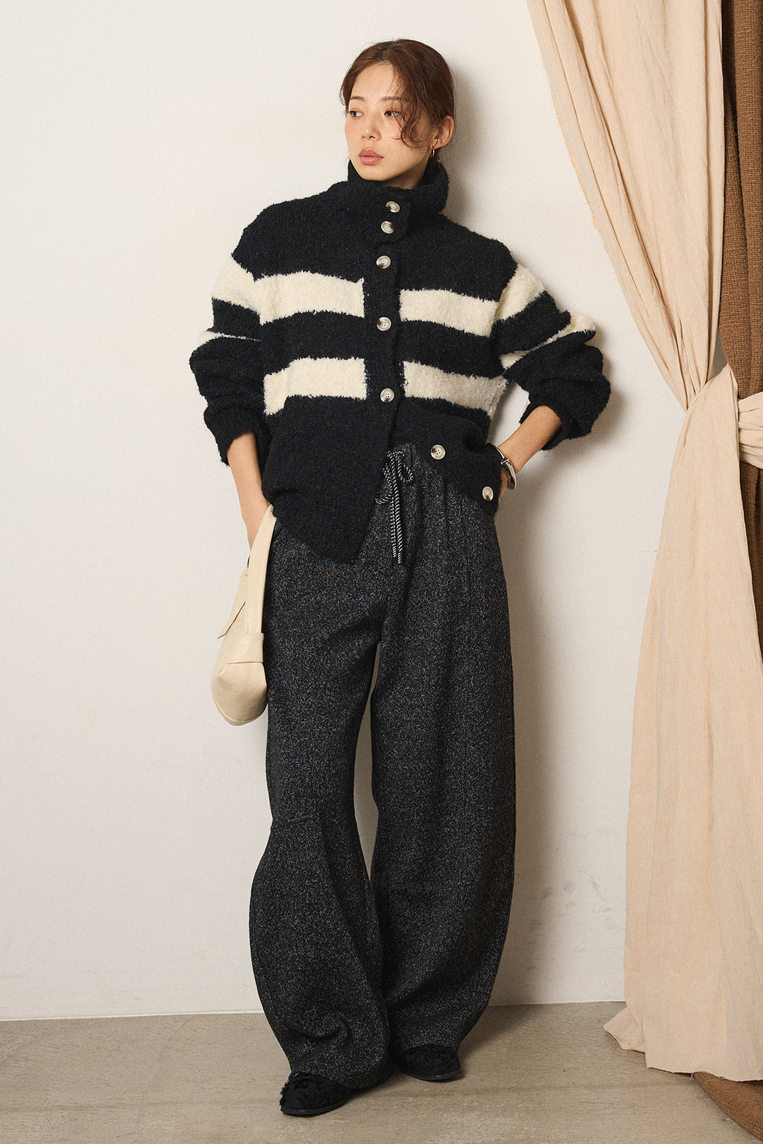 [SET]ハイネックボーダーニットカーディガン+杢ニットフレアパンツ(2set)
