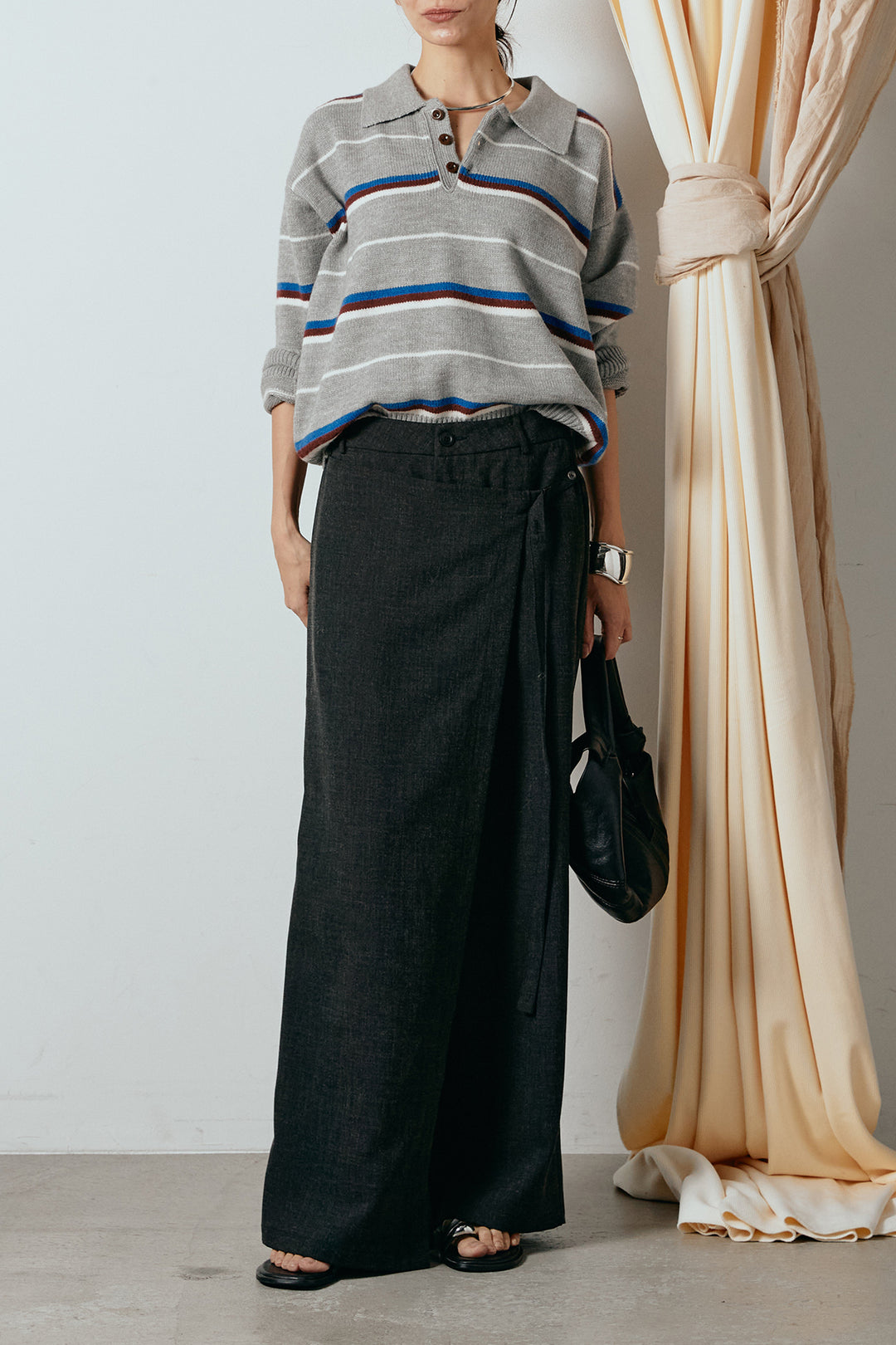 [SET]襟付きマルチボーダーニットポロトップス+ラップ巻きワイドスラックス(2set)