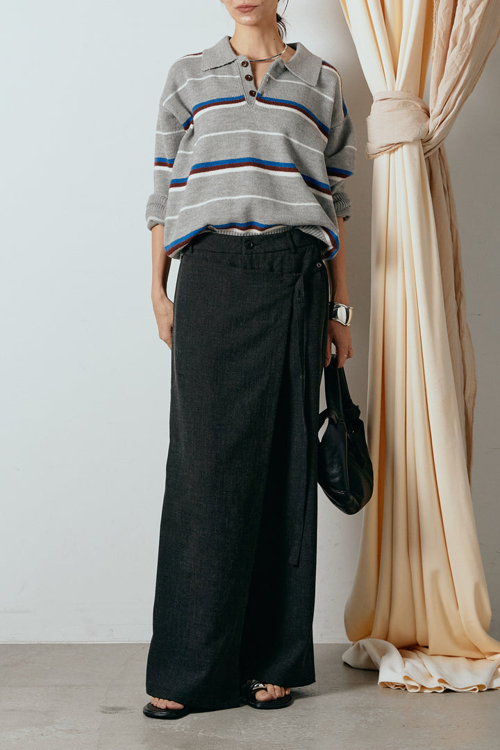 [SET]襟付きマルチボーダーニットポロトップス+ラップ巻きワイドスラックス(2set)