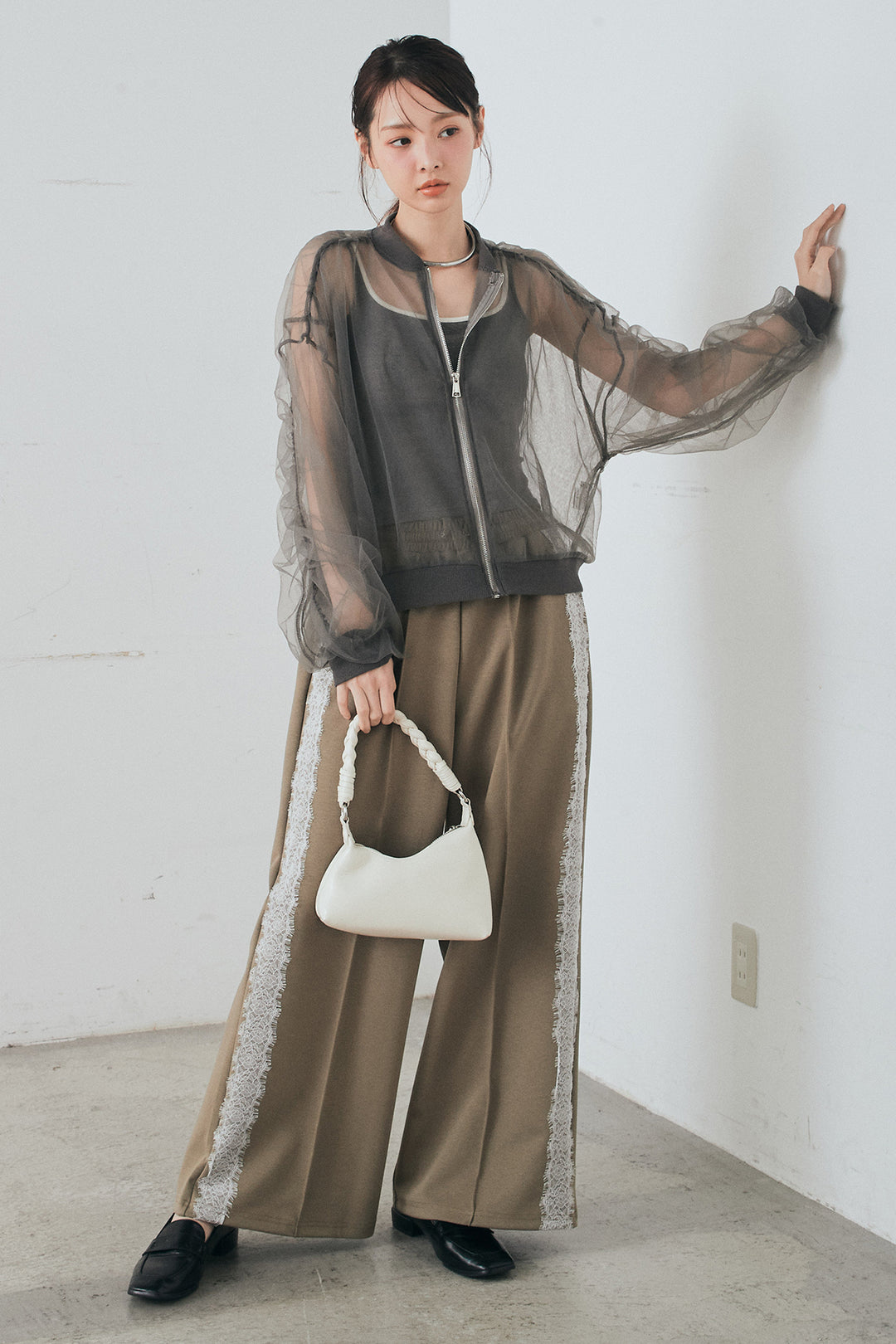 [SET]エアリーチュールスリーブシアーブルゾン+Wフェイスカットソーサイドレースラインパンツ(2set)