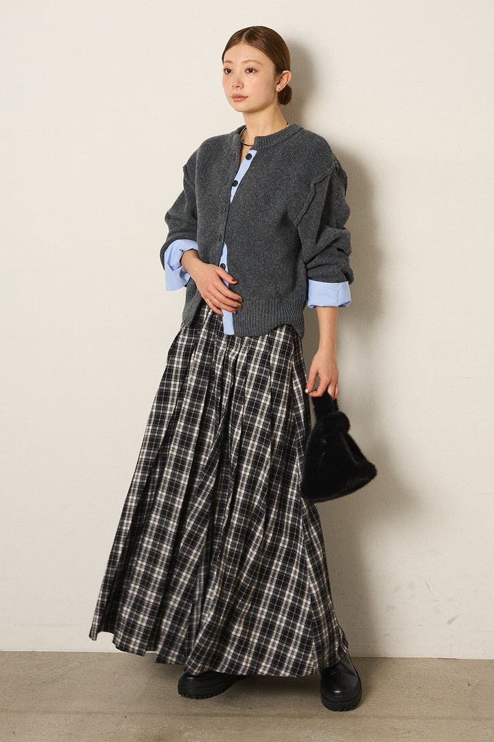 [SET]シャツドッキングニットカーディガン+ベルト付きタータンチェックプリーツスカート(2set)