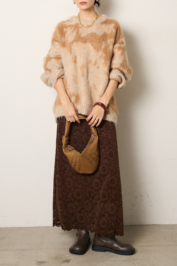 [SET]モヘアタッチマーブルニット+花柄刺繍ベロアフレアスカート(2set)