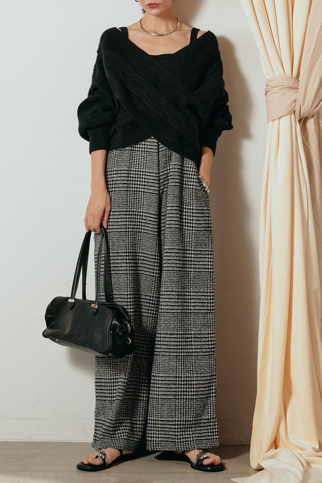 [SET]ケーブルカシュクールニットトップス+前後2wayグレンチェック柄スカーチョサロペット(2set)