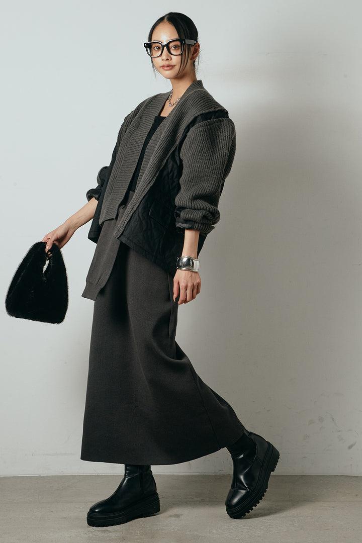 [SET]キルティング切り替えニットカーディガン+ウエストラップ巻きニットスカート(2set)