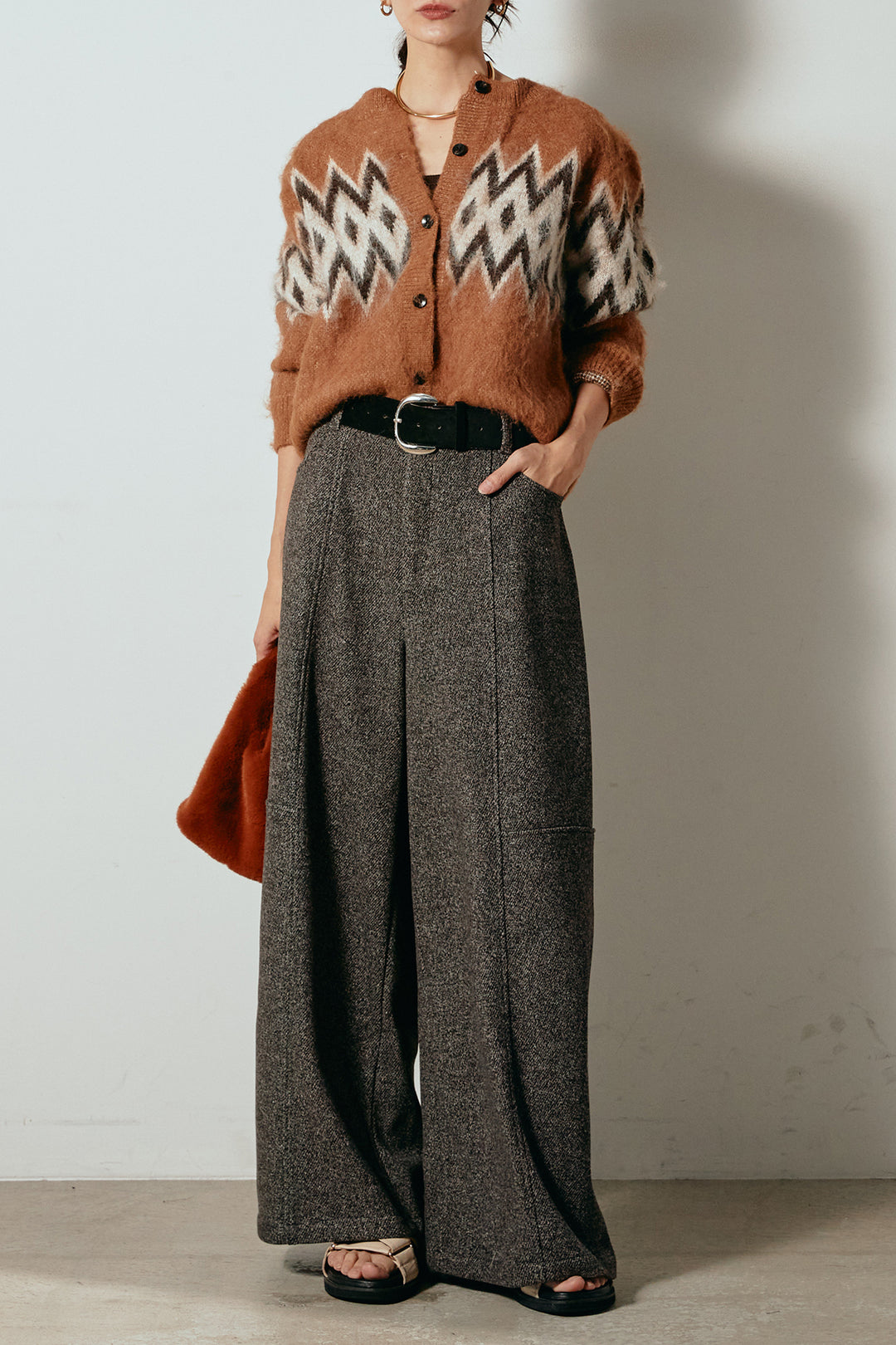 [SET]起毛ノルディック柄ニットカーディガン+太ベルト付きツイードワイドパンツ(2set)
