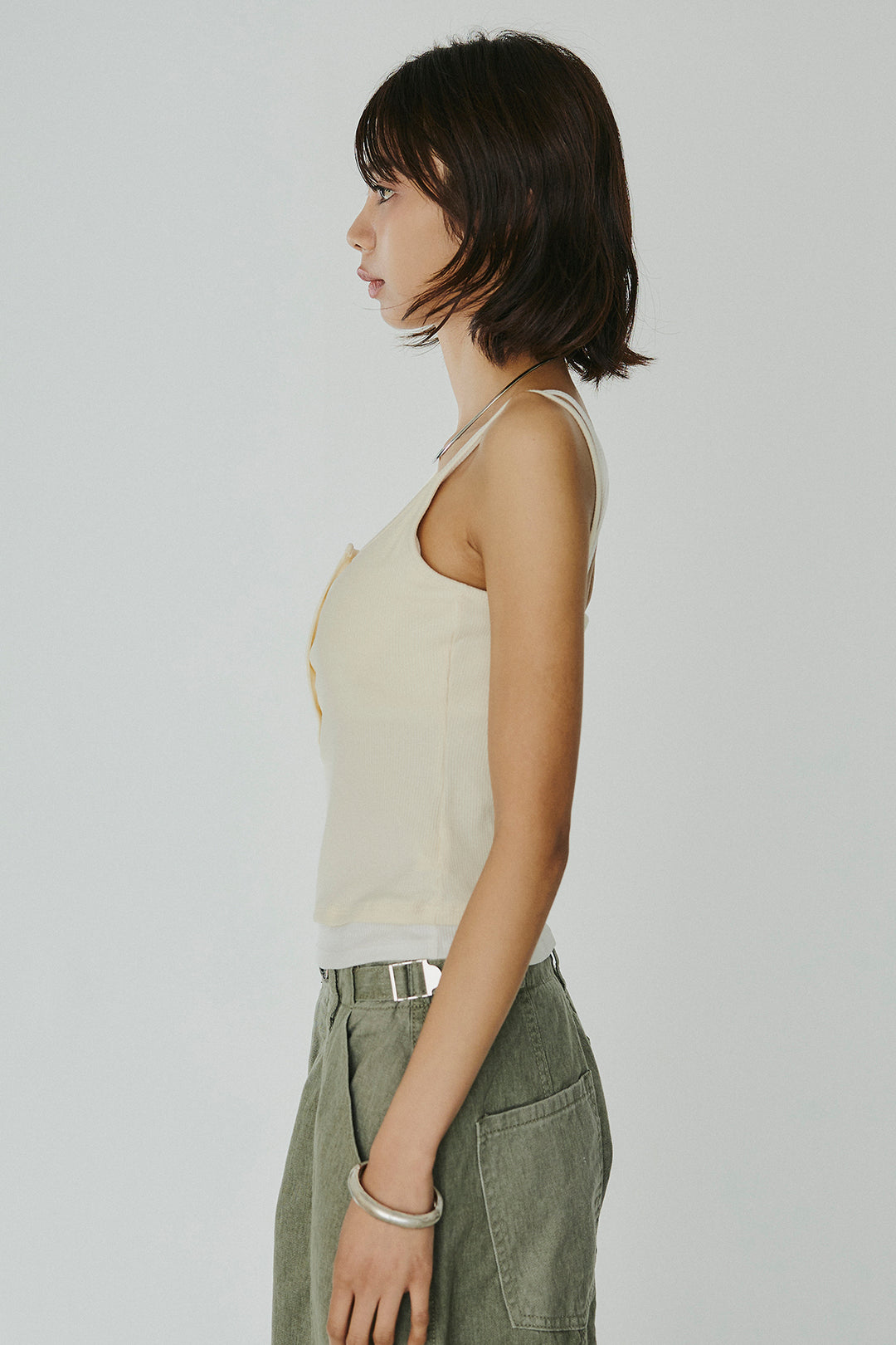 [SET]シアージャガードハーフスリーブテーラードジャケット+サイドベルトカーブワイドパンツ+配色ヘンリーネックタンクトップ(3set)