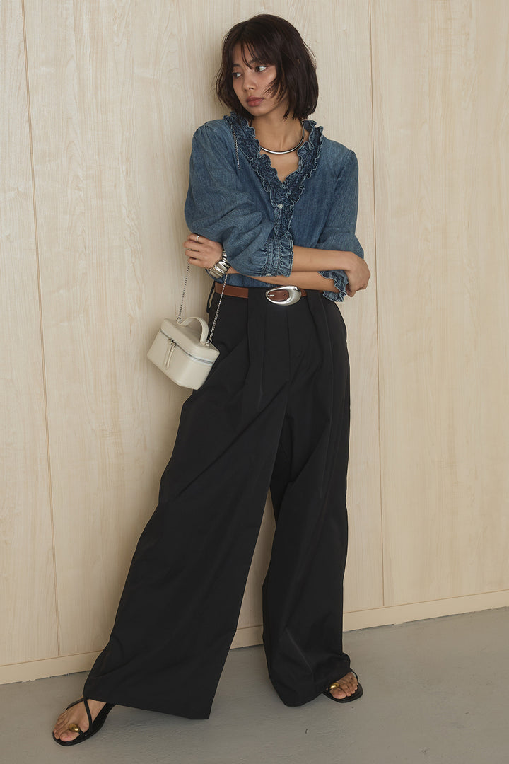 [SET]Vネックデニムフリルトップス+ベルトループデザインハイウエストタックパンツ(2set)