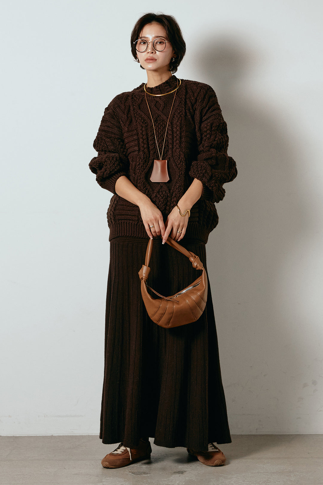 [SET]アラン柄ミックスケーブルニット+編み地切り替えフレアニットスカート(2set)