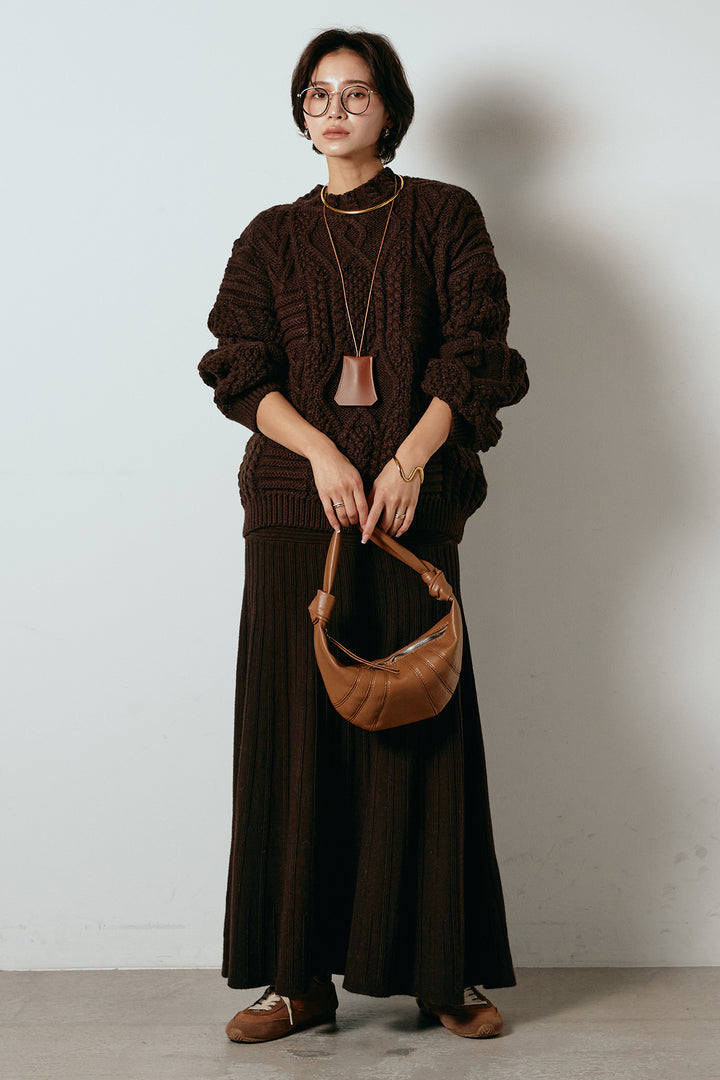 [SET]アラン柄ミックスケーブルニット+編み地切り替えフレアニットスカート(2set)