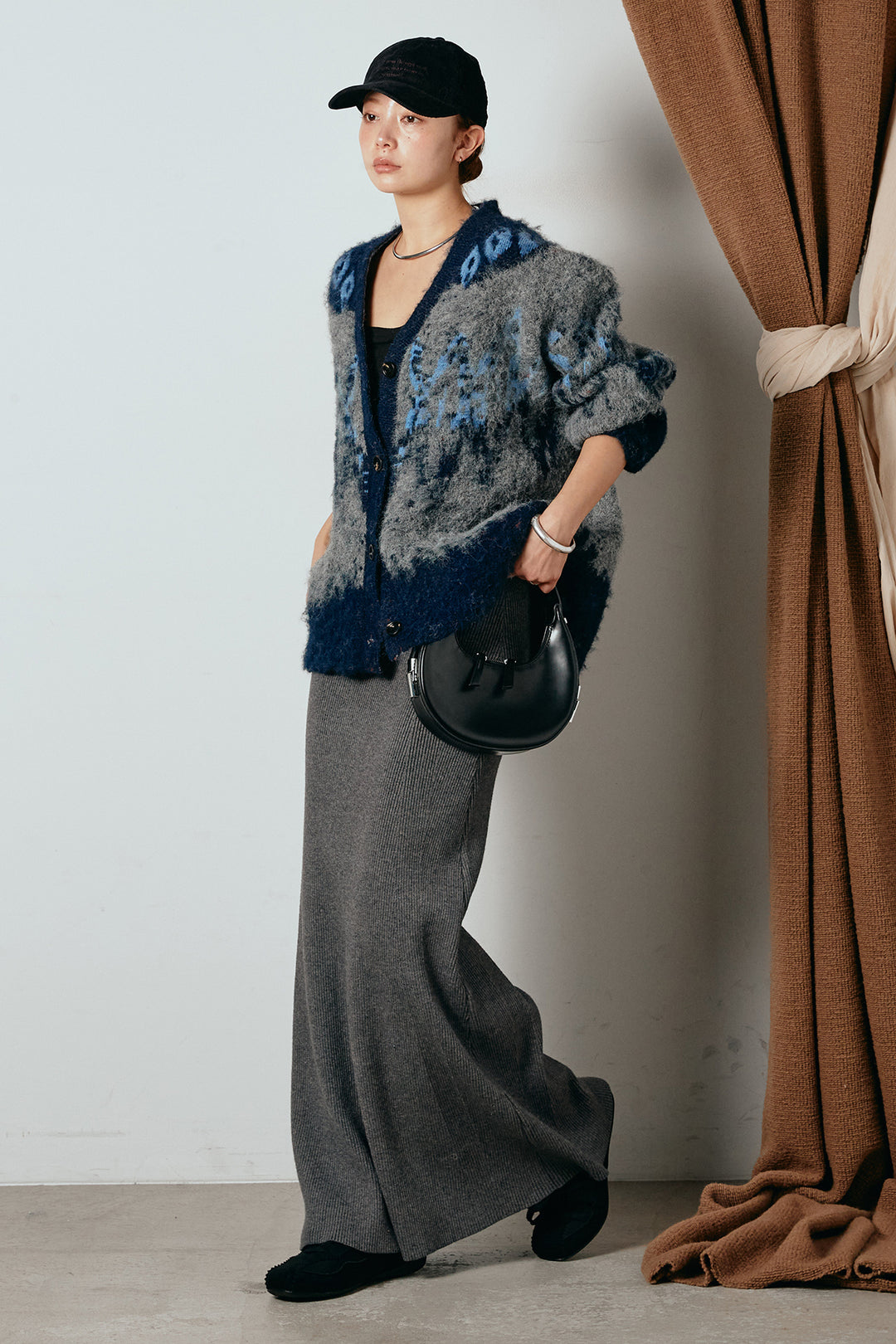 [SET]シャギーニュアンス柄ニットカーディガン+リブナローニットスカート(2set)