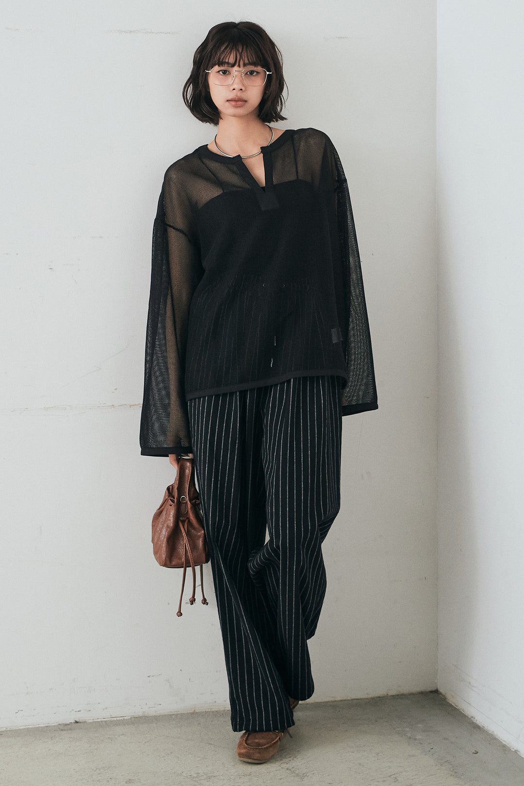 [SET]メッシュカットソースキッパープルオーバー+リネンライクストライプタックイージーパンツ(2set)